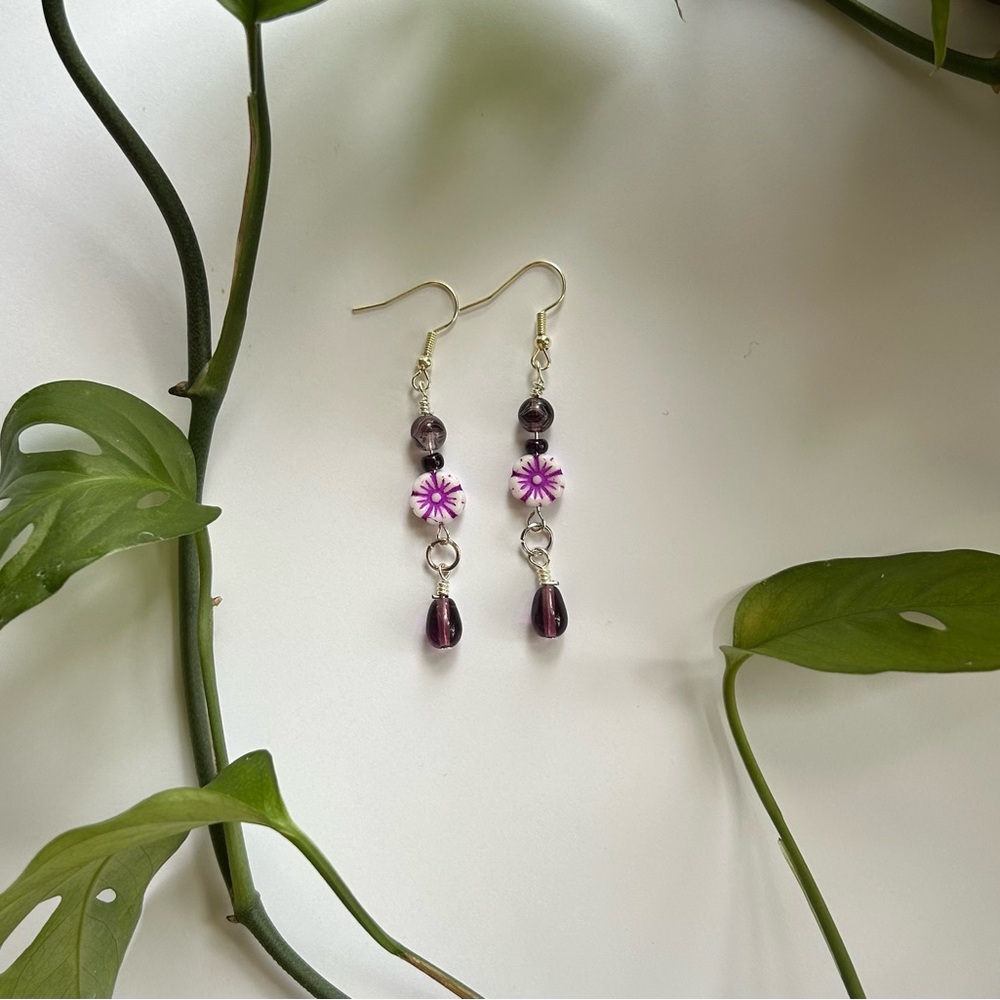 Handmade Purple and Silver Flower Dangle Earrings